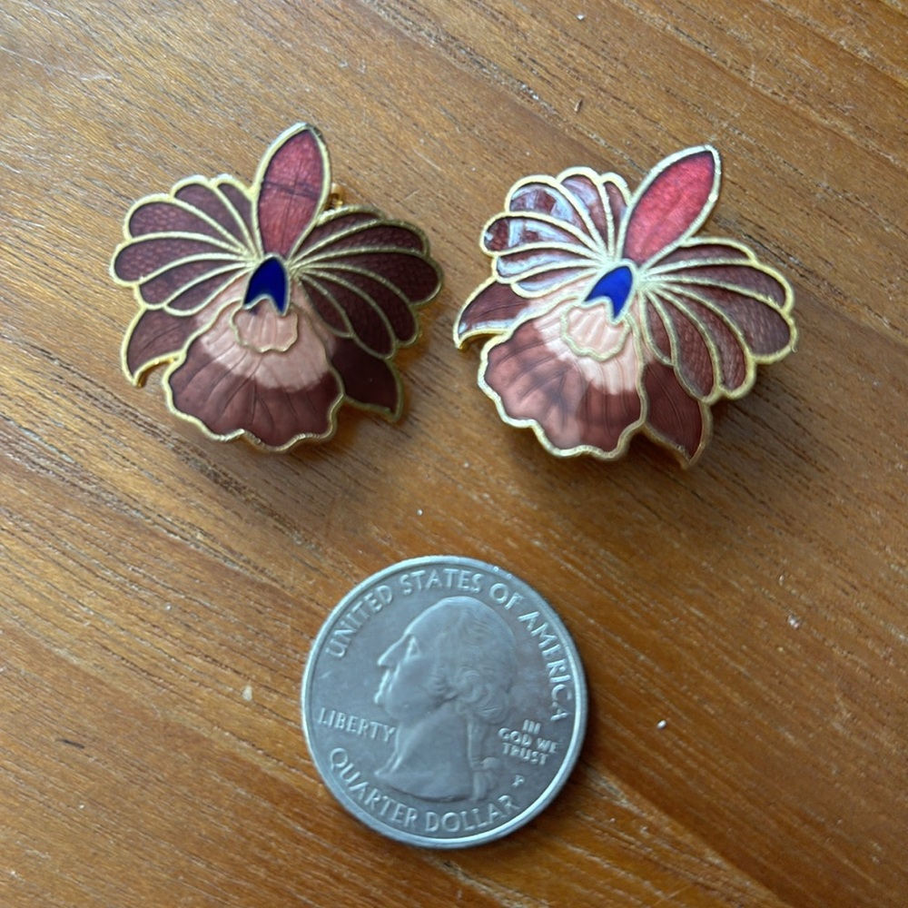 Vintage cloisonné enamel clip on Orchid floral earrings